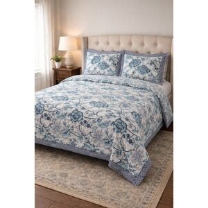 Grandin Road Queen Duvet and Shams 100% Cotton Floral Blue